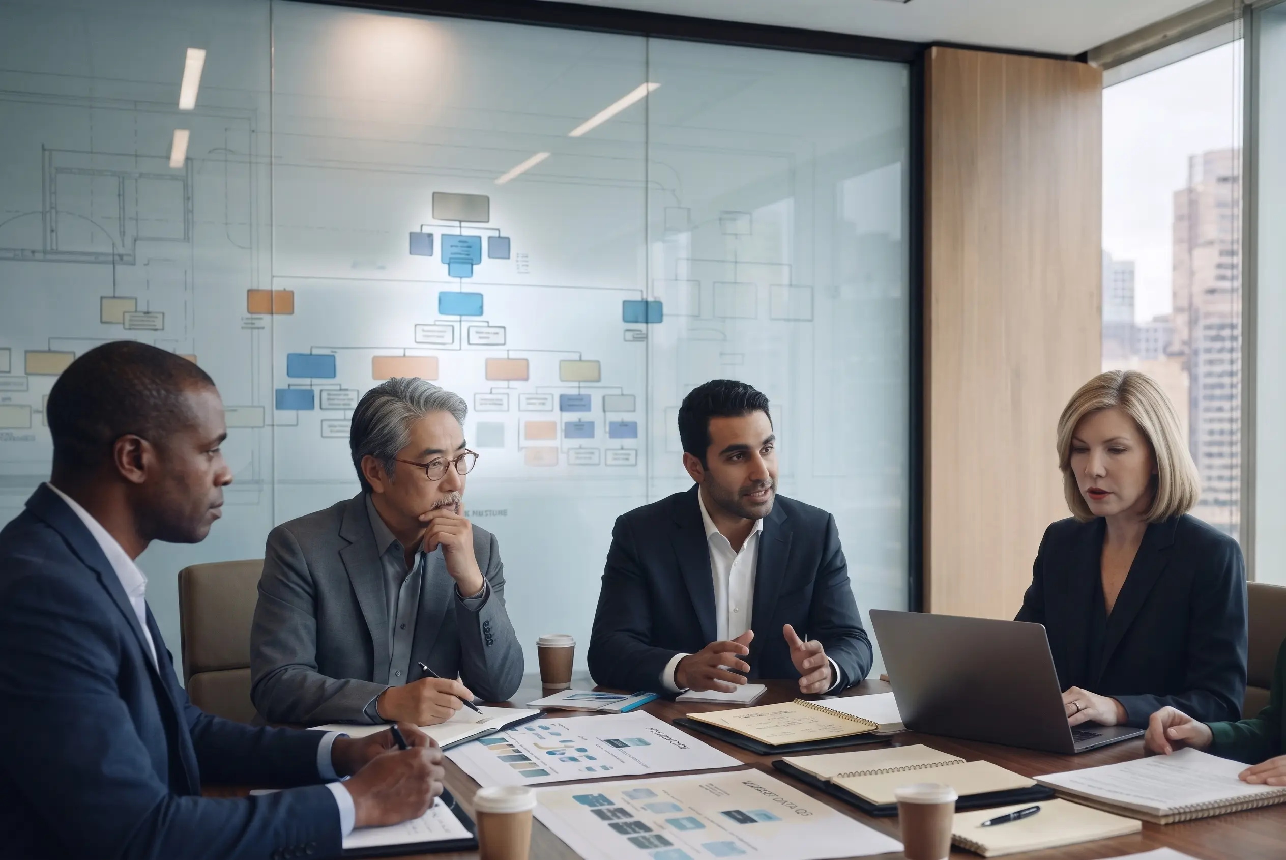Executive team reviewing an organizational design diagram in a meeting room