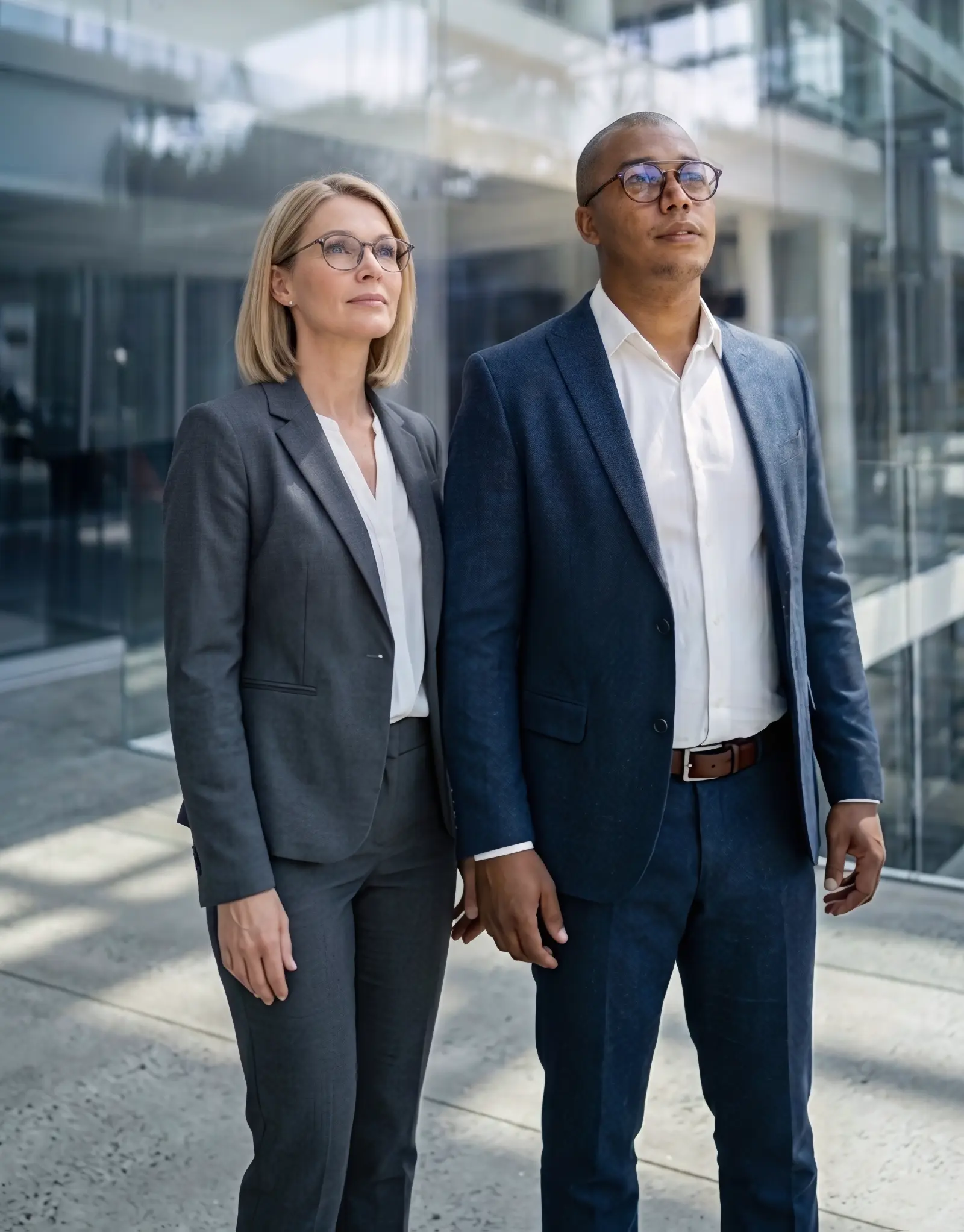 Two senior leaders looking up inside a modern glass office building